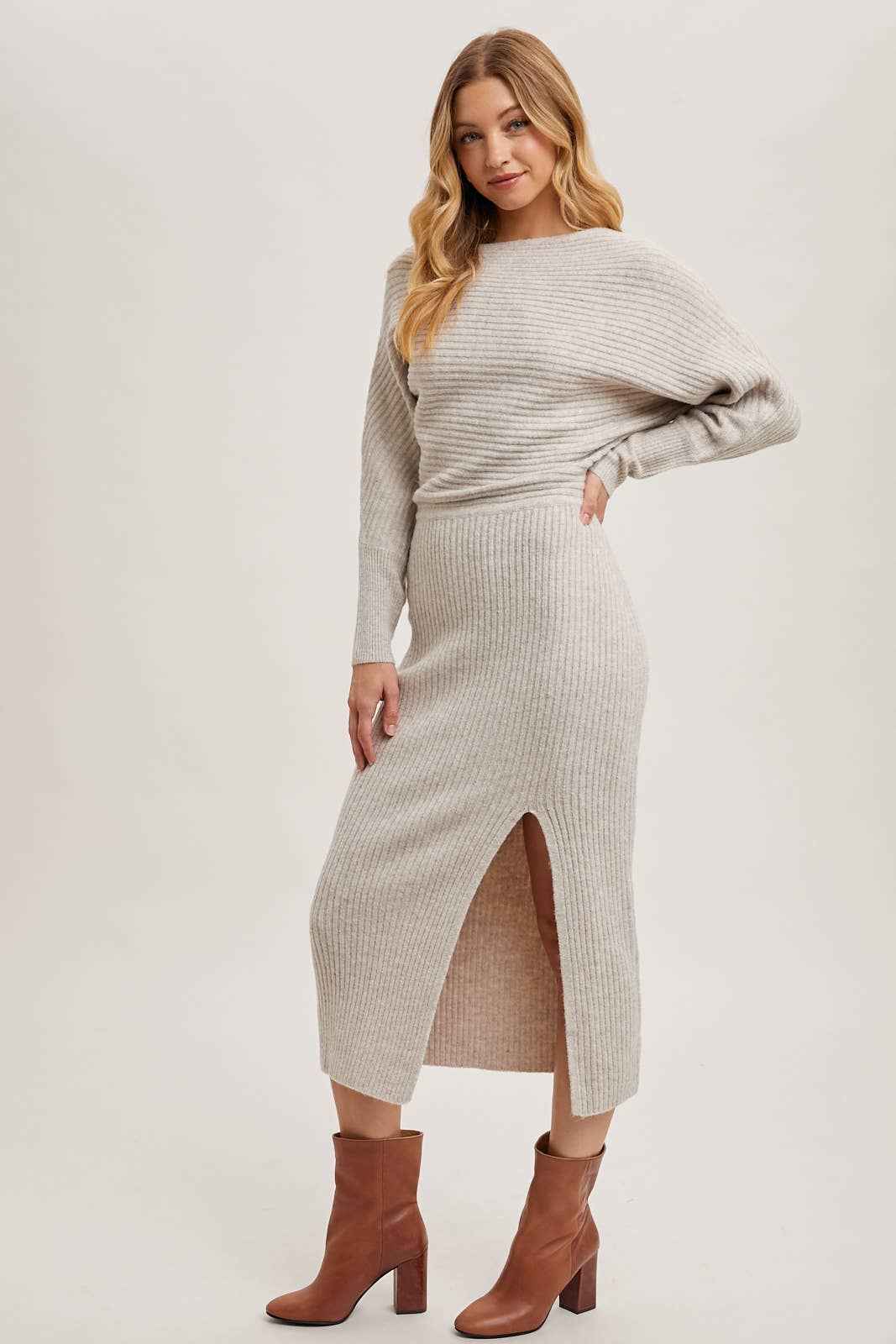ONE SHOULDER OFF SIDE SLIT MIDI KNIT SWEATER DRESS