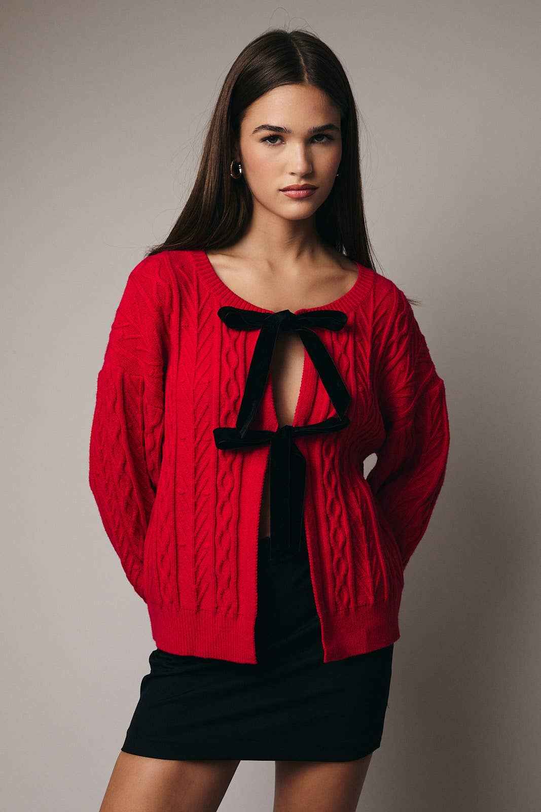 ROUND NECK LONG SLEEVE VELVET TIE SWEATER CARDIGAN