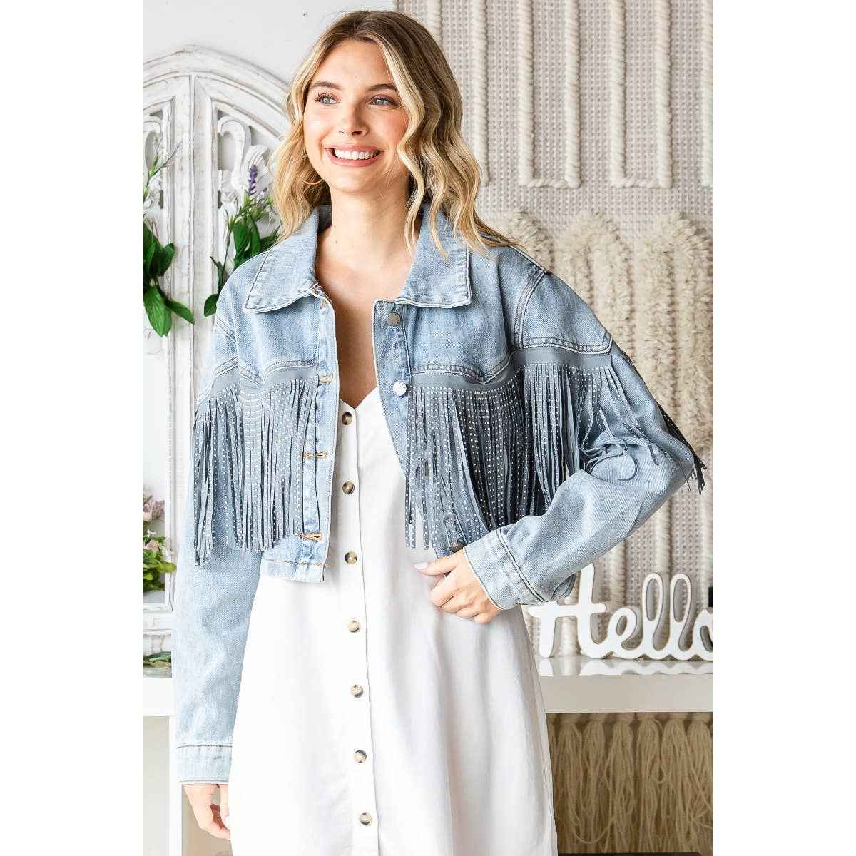 Rhinestone Fringe Cropped Denim Moto Jacket