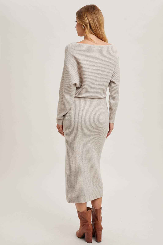 ONE SHOULDER OFF SIDE SLIT MIDI KNIT SWEATER DRESS