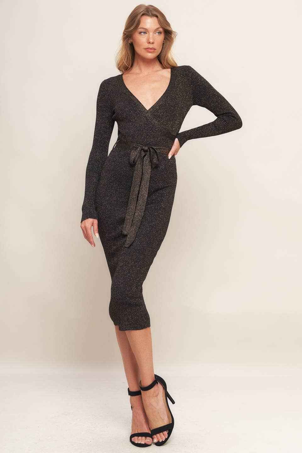 Metallic thread ribbed sweater knit midi dress - ISW5020 BR