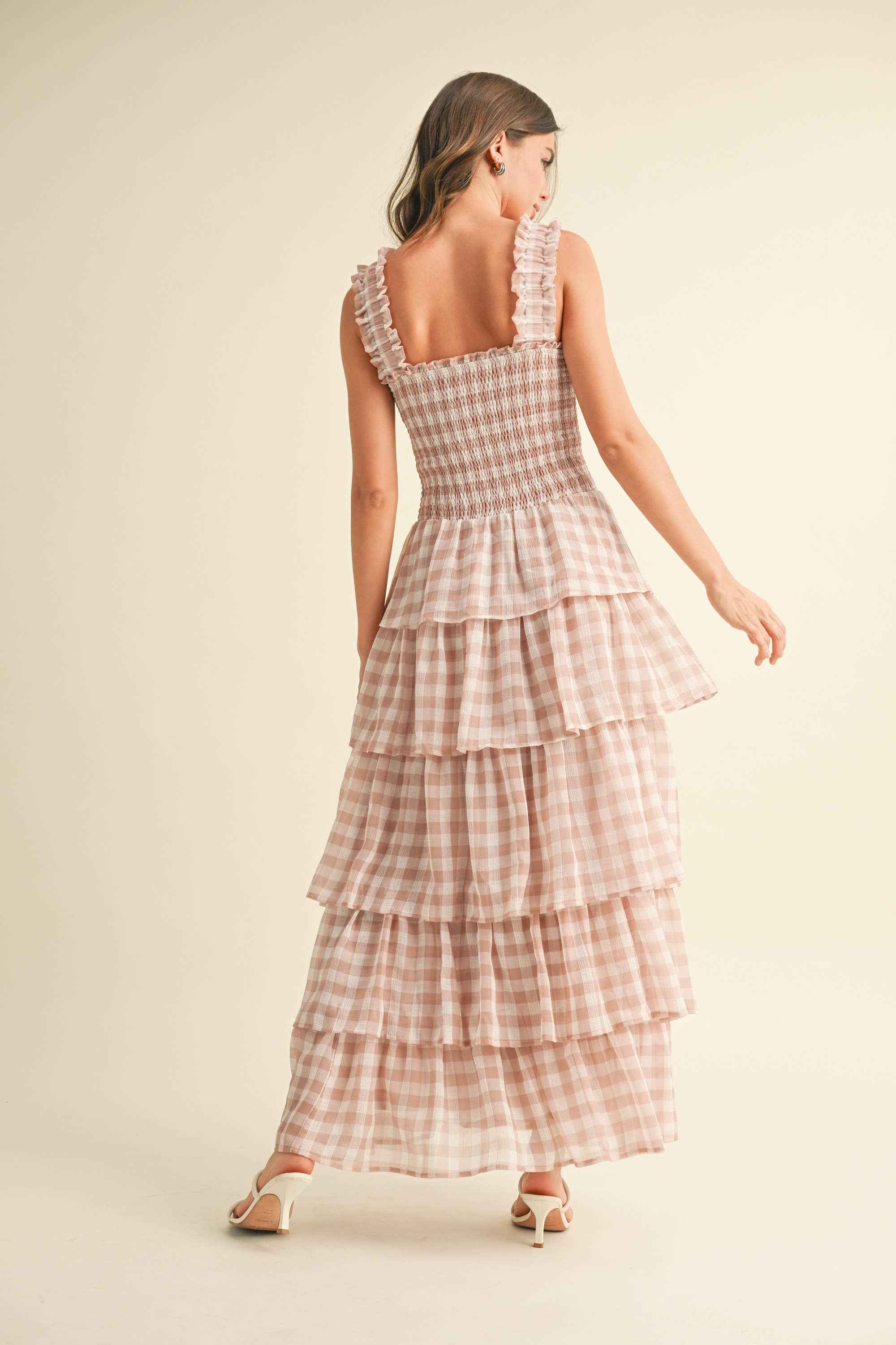ID8988 CHECKERED TIER RUFFLED SMOCKED STRAPS MAXI DRESS