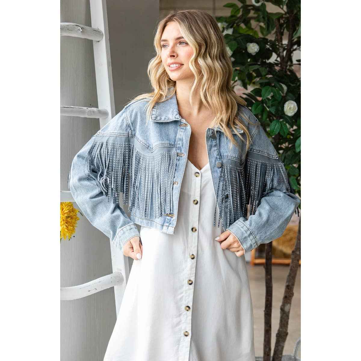 Rhinestone Fringe Cropped Denim Moto Jacket