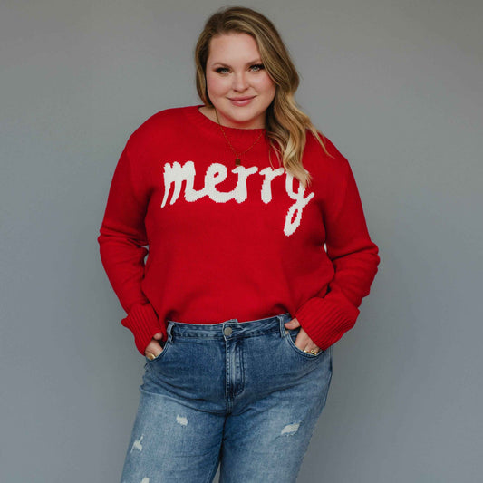 Red Merry Sweater - Festive Holiday Sweater - Long Sleeve Christmas Sweater