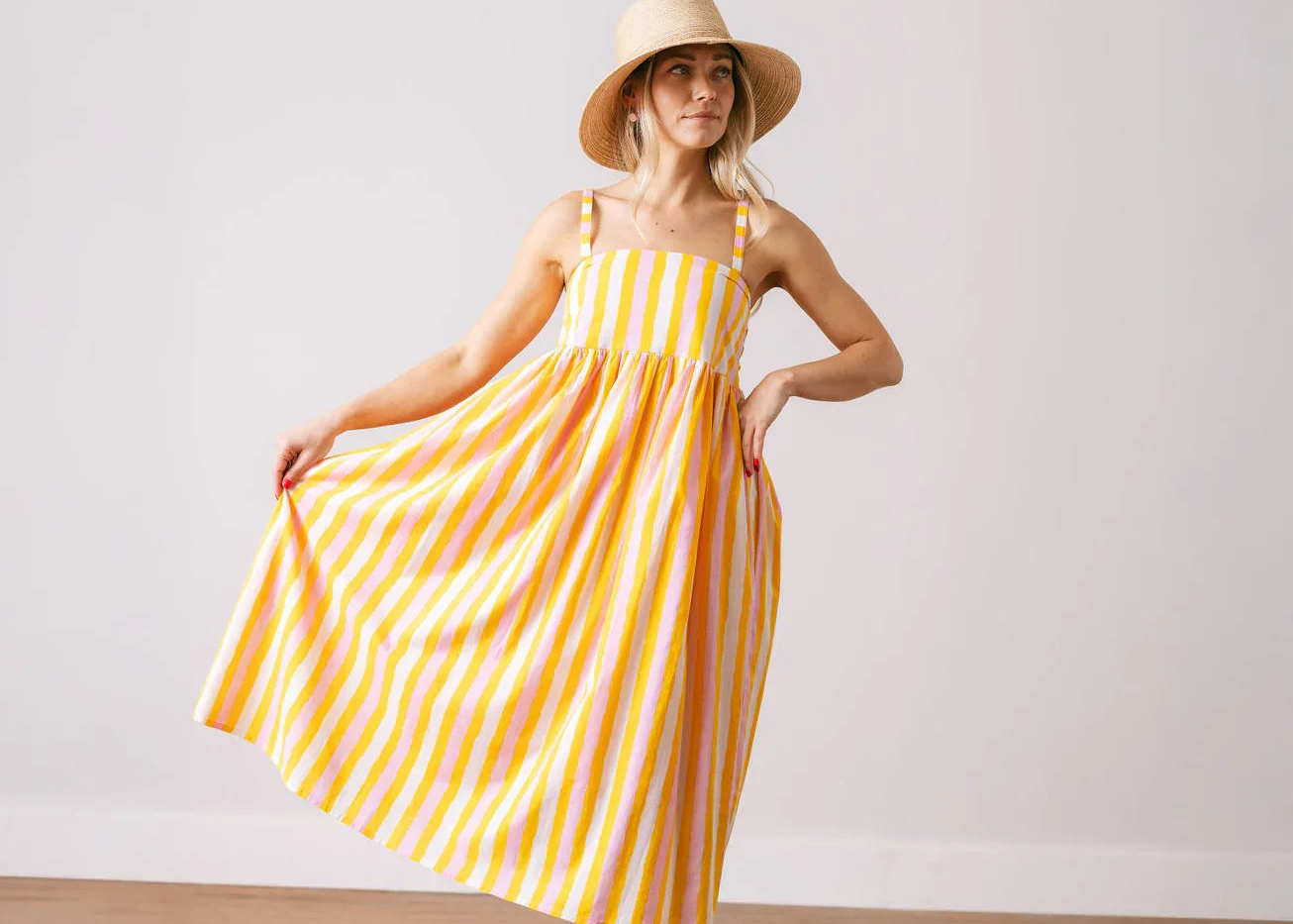 Sunkissed Stripe Reef Dress - The Envy Co-summer dress - summer midi dress - striped dress - woman's dress - woman's vacation dress - woman's party dress - vacation outfit - vacation dress - yellow woman's dress - bright colored woman's dress - feminine woman's outfit - lightweight woman's dress - feminine outfit - woman's dinner dress - Vacation Fits - Vacation clothes for cruise - Vacation dress Florida - Vacation South Carolina - Dress Florida - Woman's Clothing Boutique - The Envy Co, Painesville OH