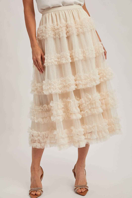 ROMANTIC RUFFLE TIERED TULLE MIDI SKIRT
