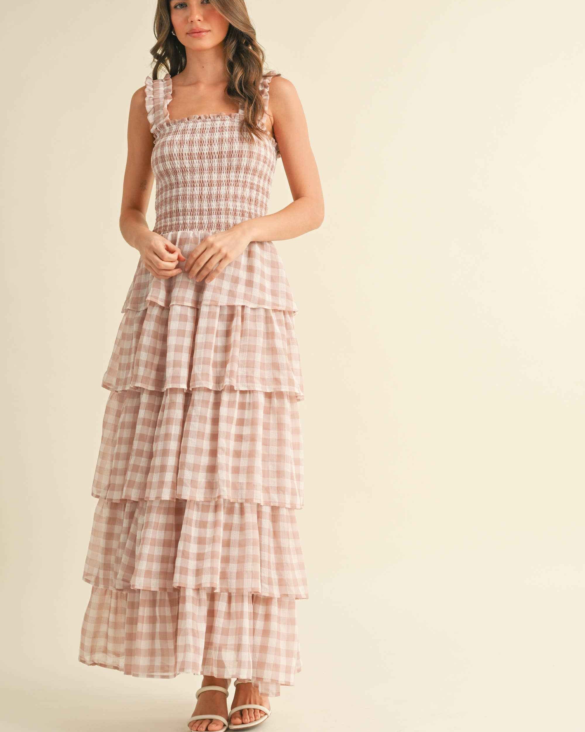 ID8988 CHECKERED TIER RUFFLED SMOCKED STRAPS MAXI DRESS