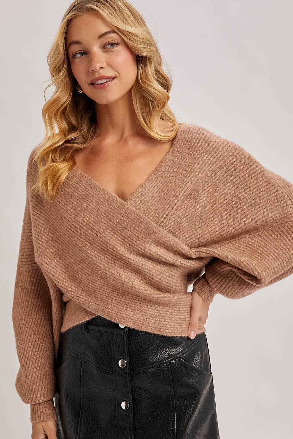 WRAP CROSSOVER RIBBED FUZZY KNIT SWEATER PULLOVER