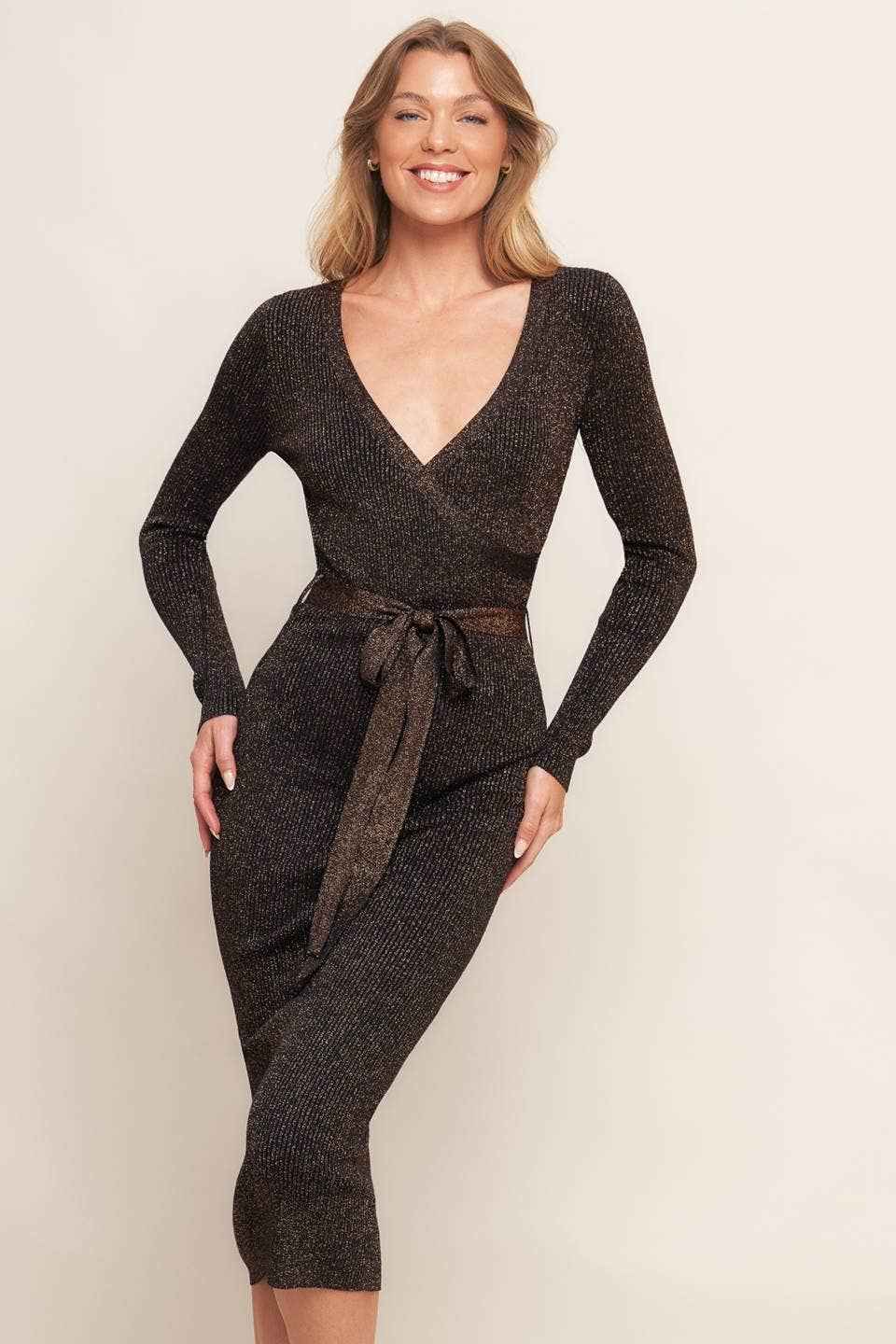 Metallic thread ribbed sweater knit midi dress - ISW5020 BR