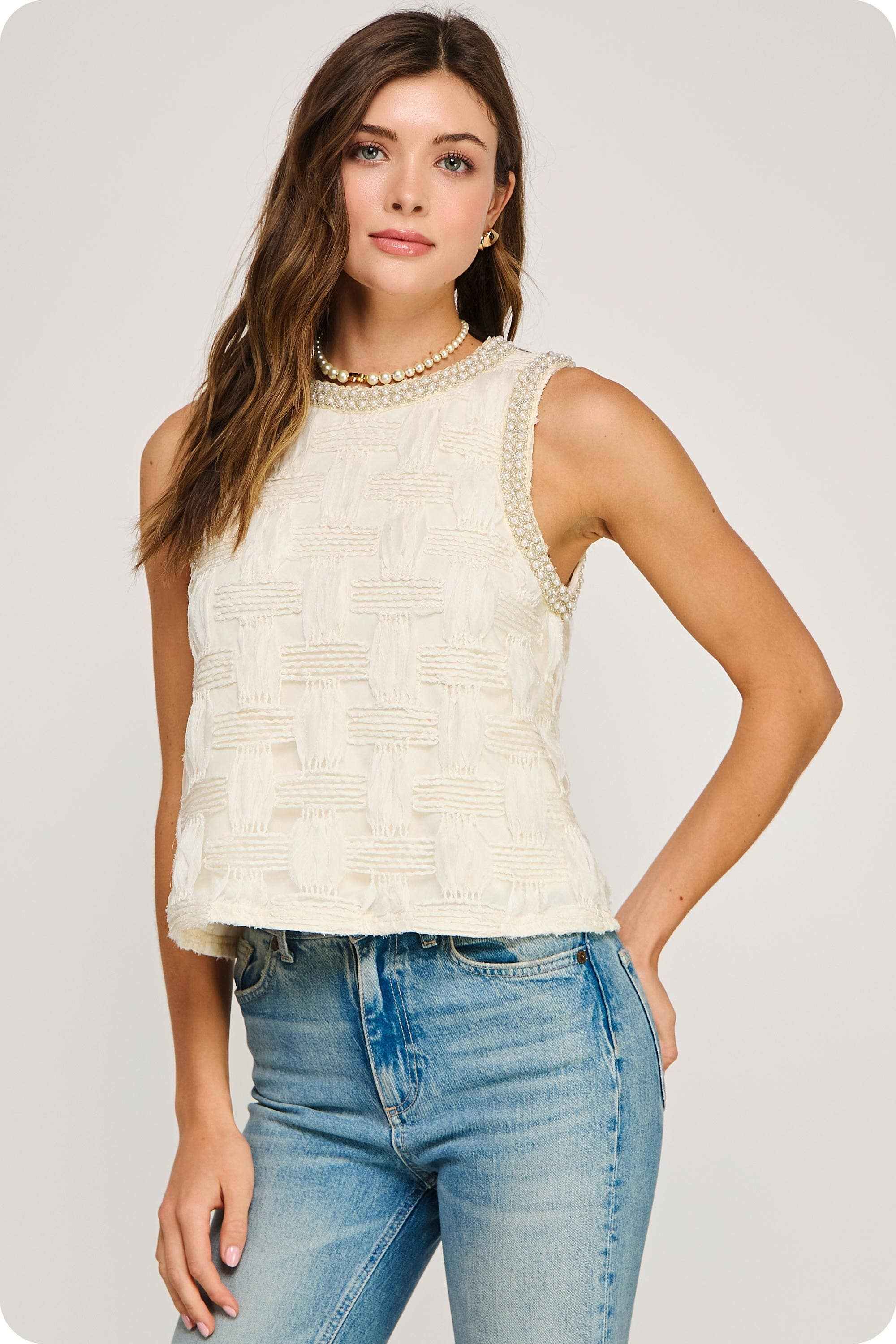 Pearl Trim Detail Texture Sleeveless Top