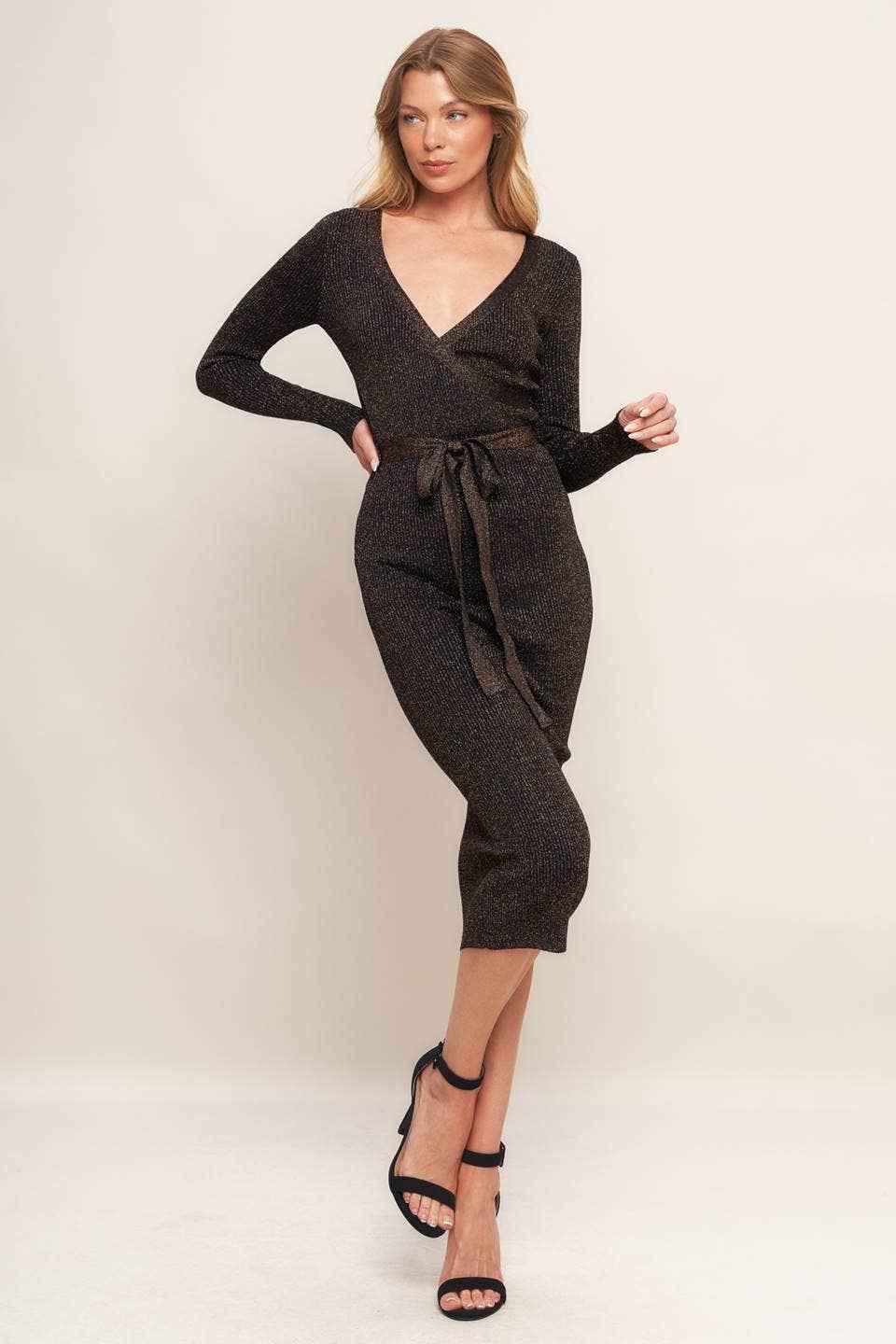 Metallic thread ribbed sweater knit midi dress - ISW5020 BR