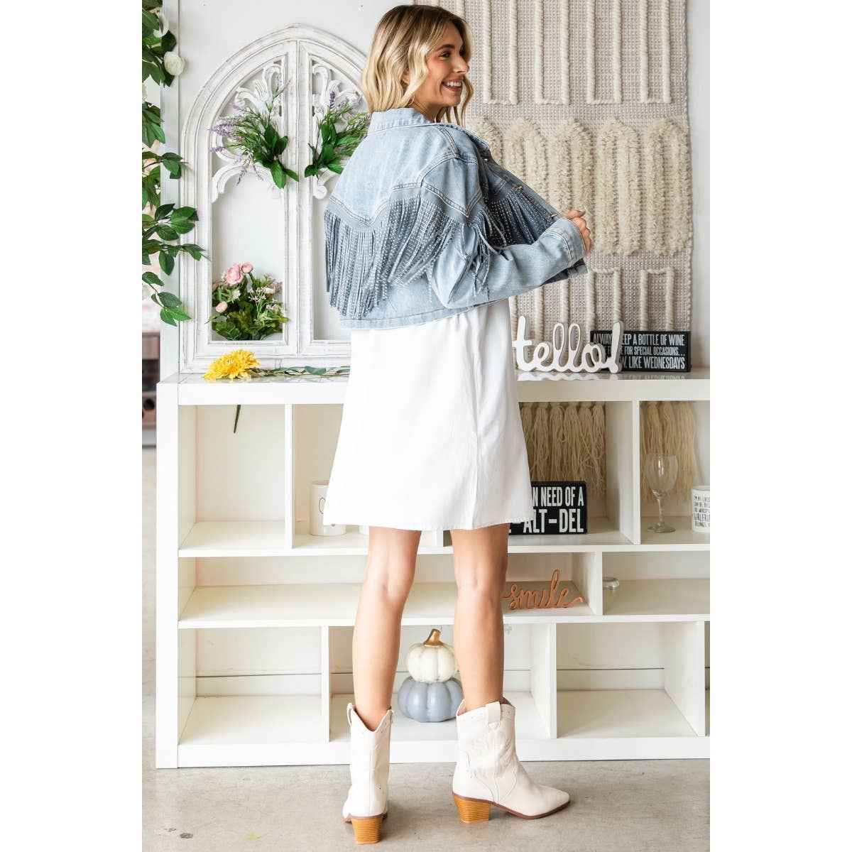 Rhinestone Fringe Cropped Denim Moto Jacket