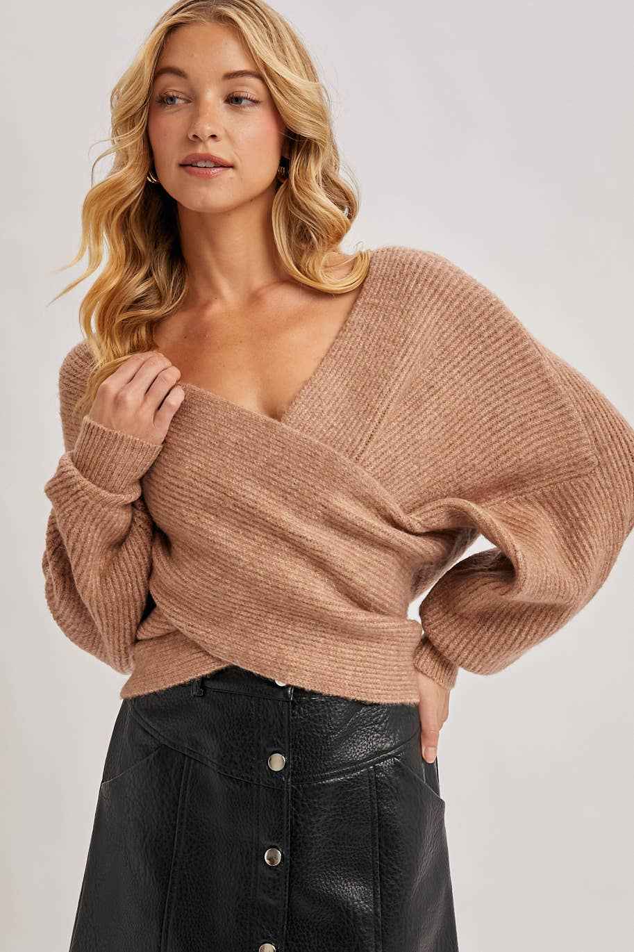 WRAP CROSSOVER RIBBED FUZZY KNIT SWEATER PULLOVER
