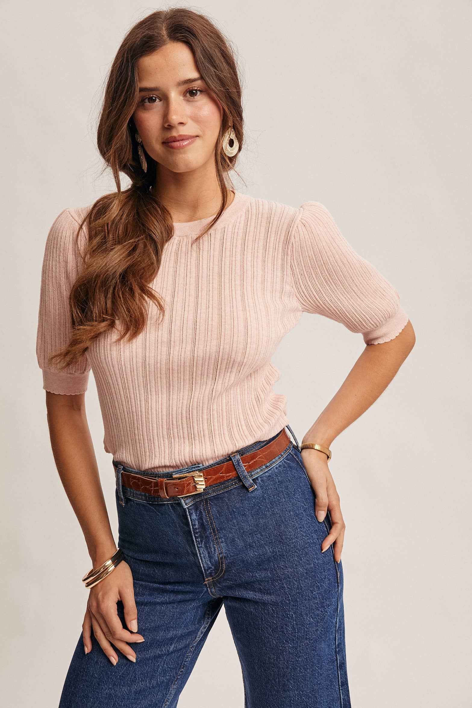 Textured Knit Puff Sleeve Top FSW0025