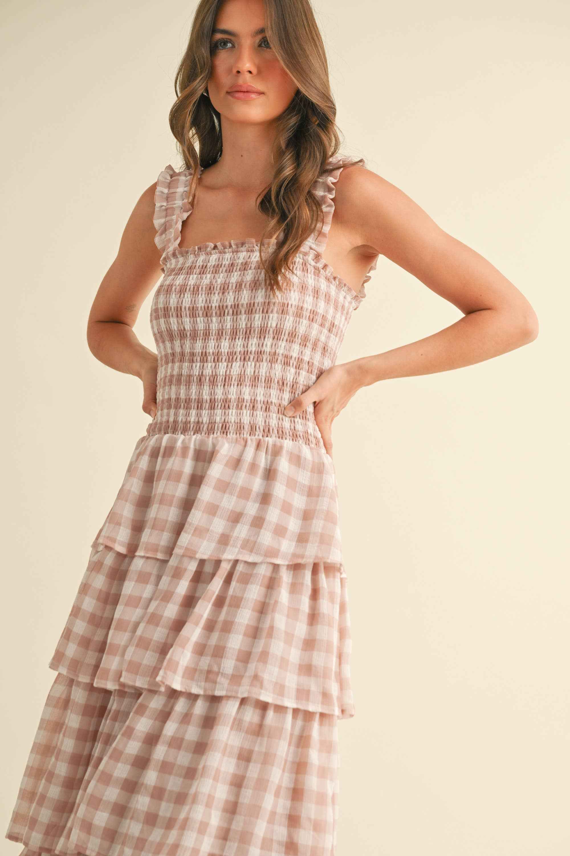 ID8988 CHECKERED TIER RUFFLED SMOCKED STRAPS MAXI DRESS