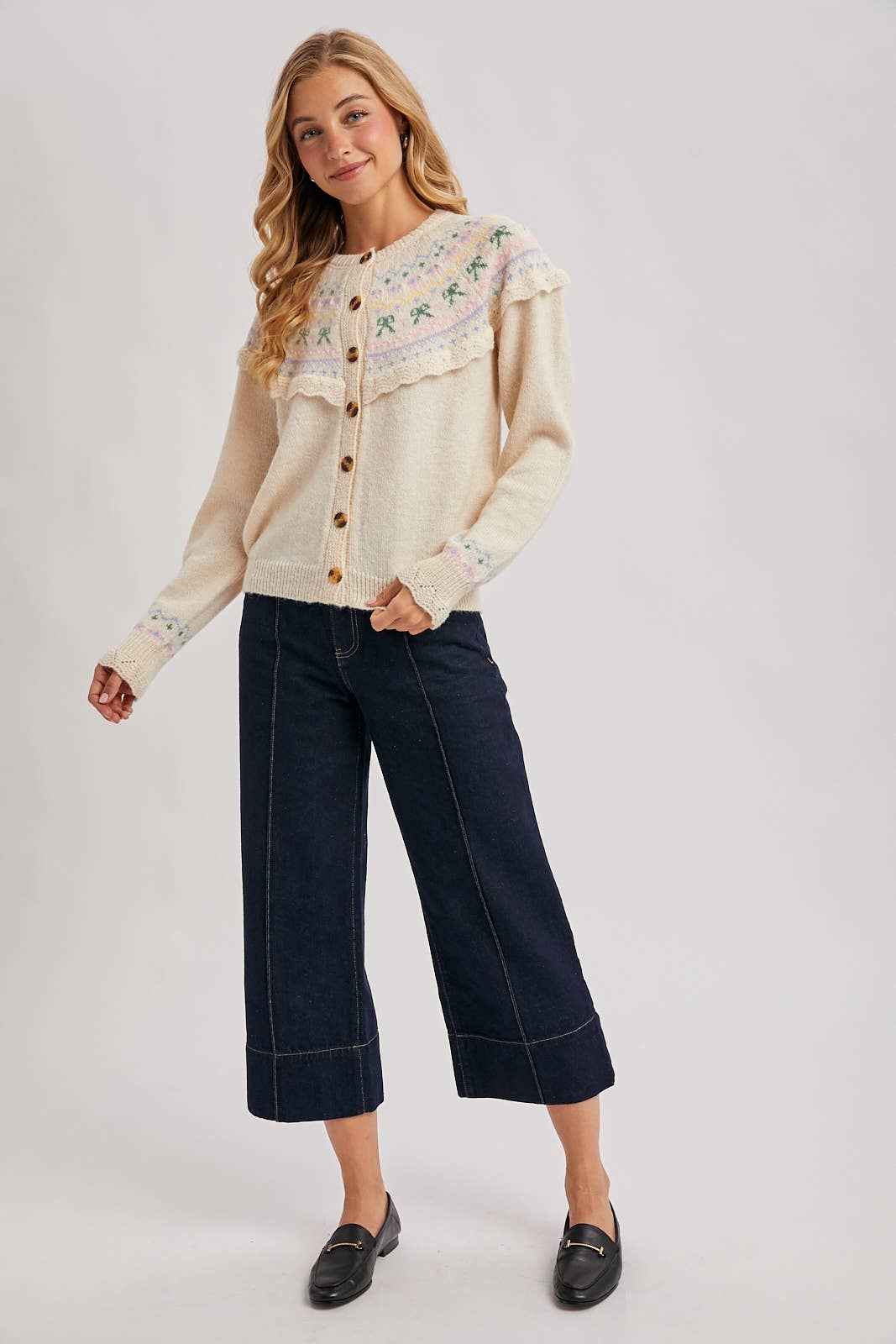 BUTTON FRONT FAIR ISLE KNIT SWEATER TOP