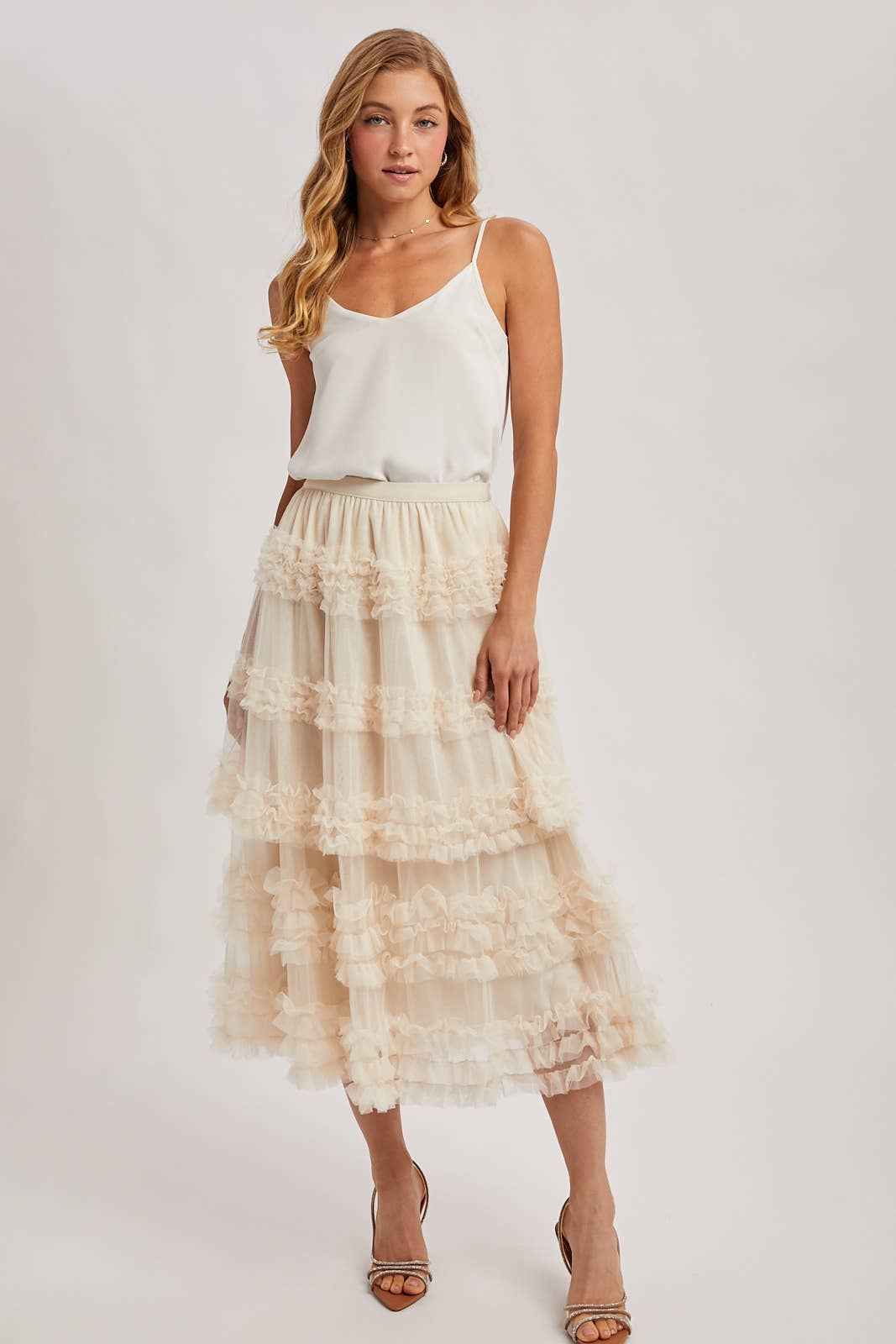 ROMANTIC RUFFLE TIERED TULLE MIDI SKIRT