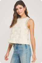 Pearl Trim Detail Texture Sleeveless Top