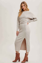 ONE SHOULDER OFF SIDE SLIT MIDI KNIT SWEATER DRESS