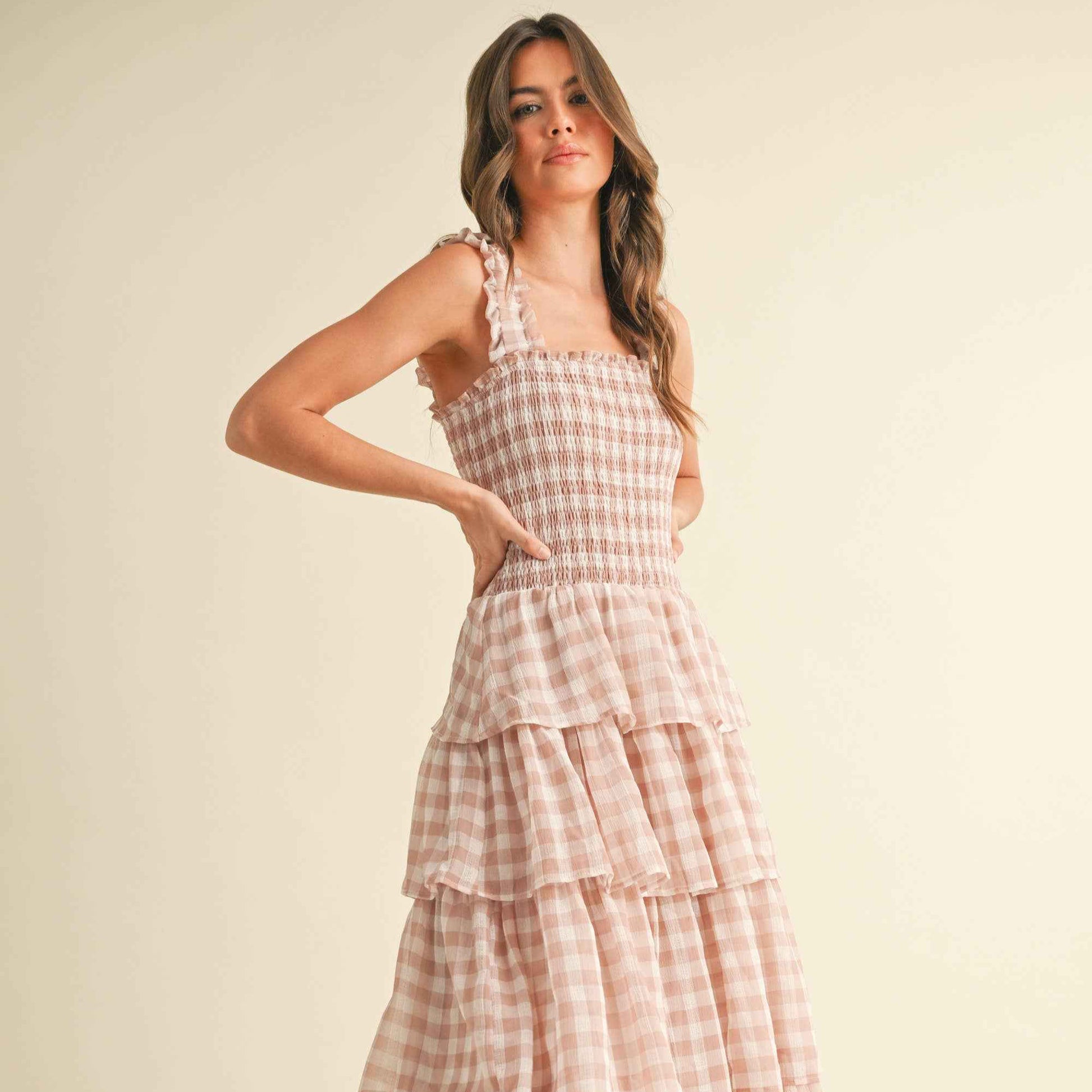 ID8988  CHECKERED TIER RUFFLED SMOCKED STRAPS MAXI DRESS