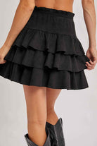 FAUX SUEDE TIERED RUFFLE PAPERBAG WAISTBAND MINI SKIRT: Black / L