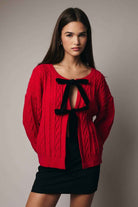 ROUND NECK LONG SLEEVE VELVET TIE SWEATER CARDIGAN