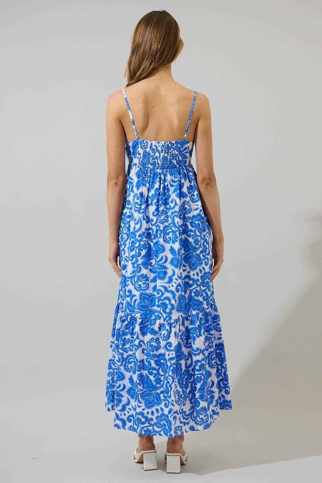 Magee Floral Cabana Flowy Maxi Dress WHT-BLUE-MULTI / S by Sugarlips Magee Floral Cabana Flowy Maxi Dress WHT-BLUE-MULTI / S by Sugarlips