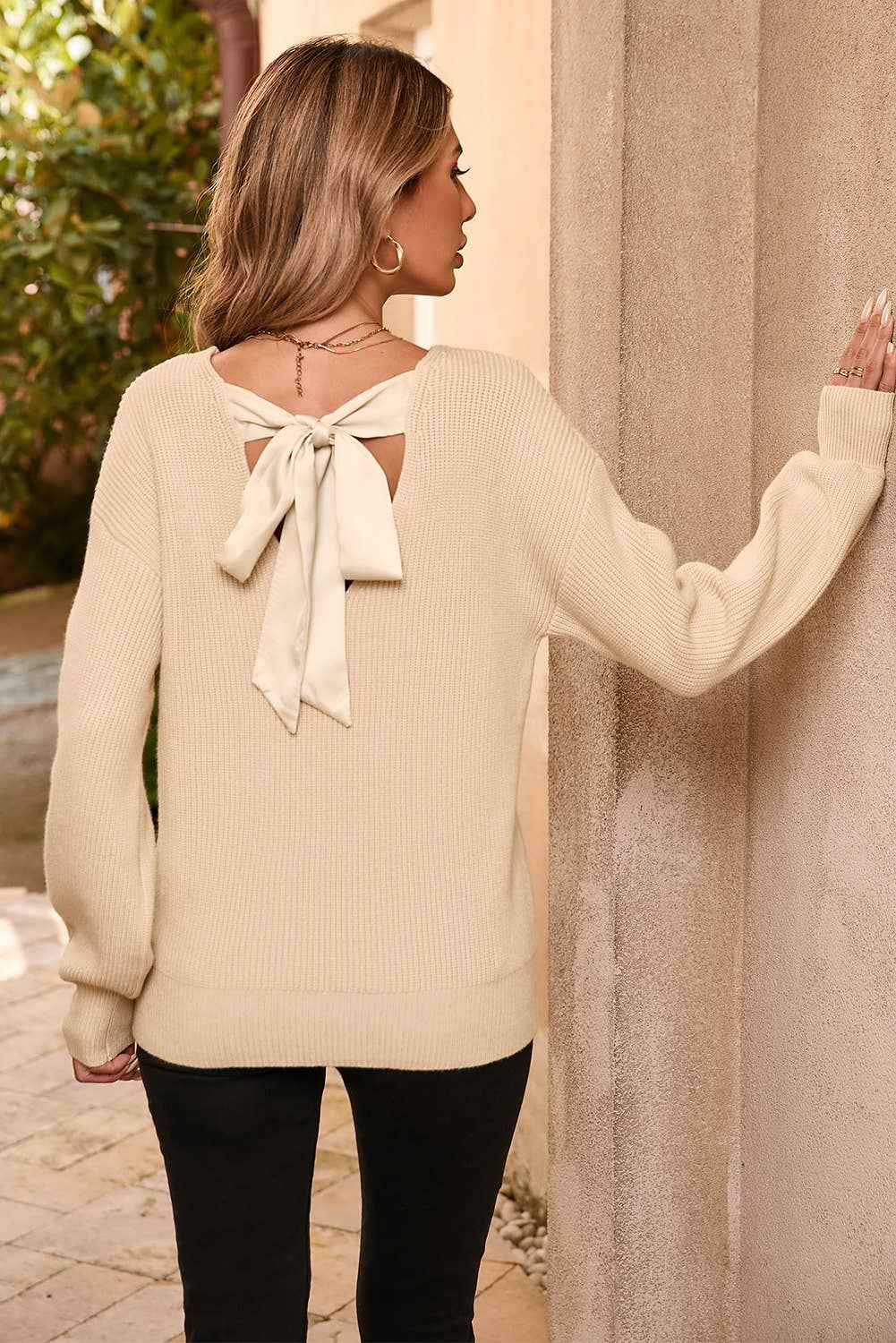 LDC Lantern Sleeve V Neck Knot Back Sweater
