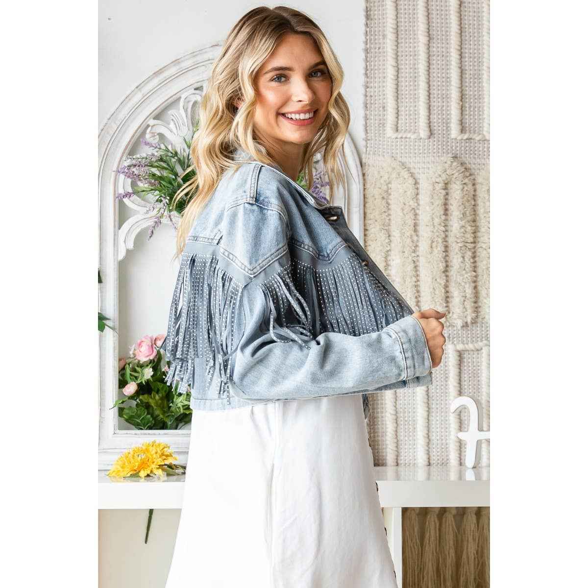 Rhinestone Fringe Cropped Denim Moto Jacket