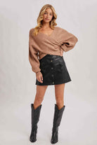 WRAP CROSSOVER RIBBED FUZZY KNIT SWEATER PULLOVER