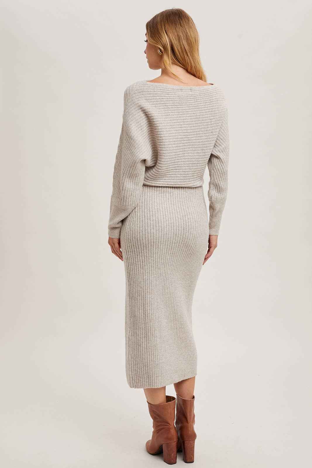 ONE SHOULDER OFF SIDE SLIT MIDI KNIT SWEATER DRESS
