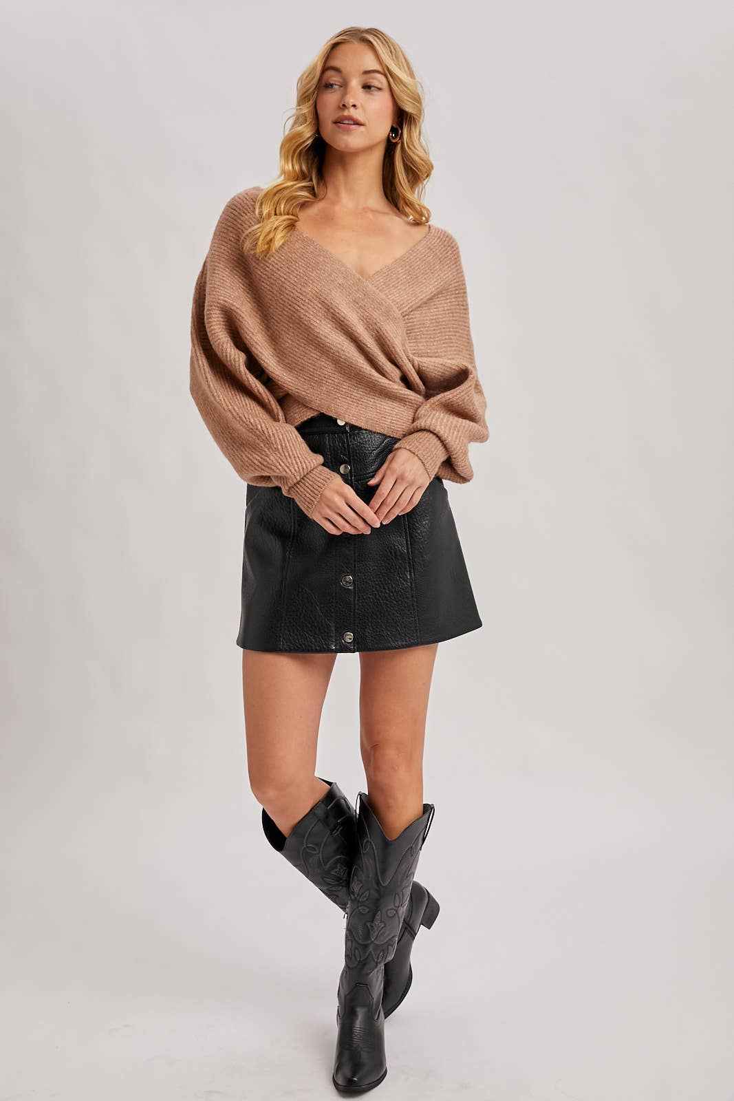 WRAP CROSSOVER RIBBED FUZZY KNIT SWEATER PULLOVER