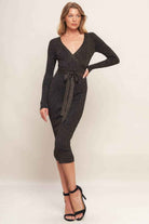 Metallic thread ribbed sweater knit midi dress - ISW5020 BR