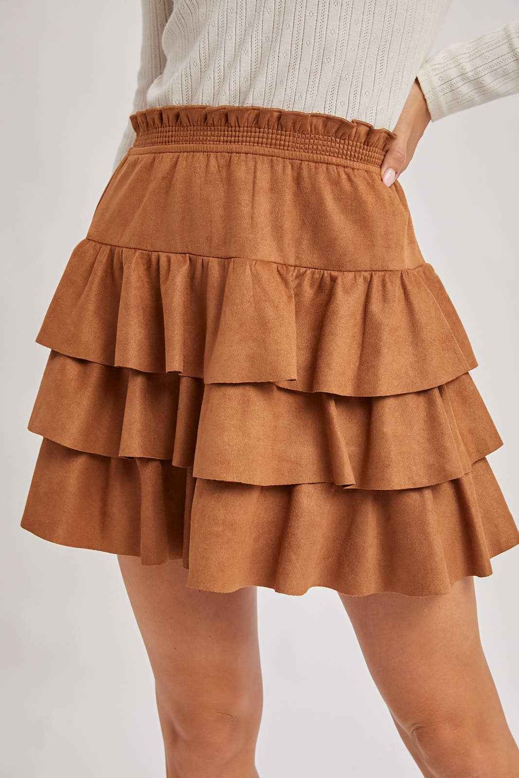 FAUX SUEDE TIERED RUFFLE PAPERBAG WAISTBAND MINI SKIRT