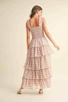 ID8988  CHECKERED TIER RUFFLED SMOCKED STRAPS MAXI DRESS
