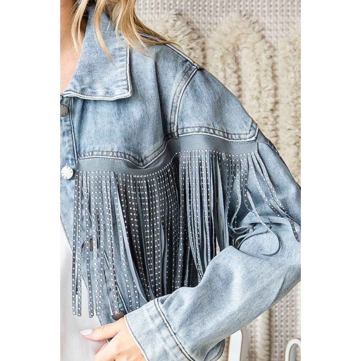 Rhinestone Fringe Cropped Denim Moto Jacket