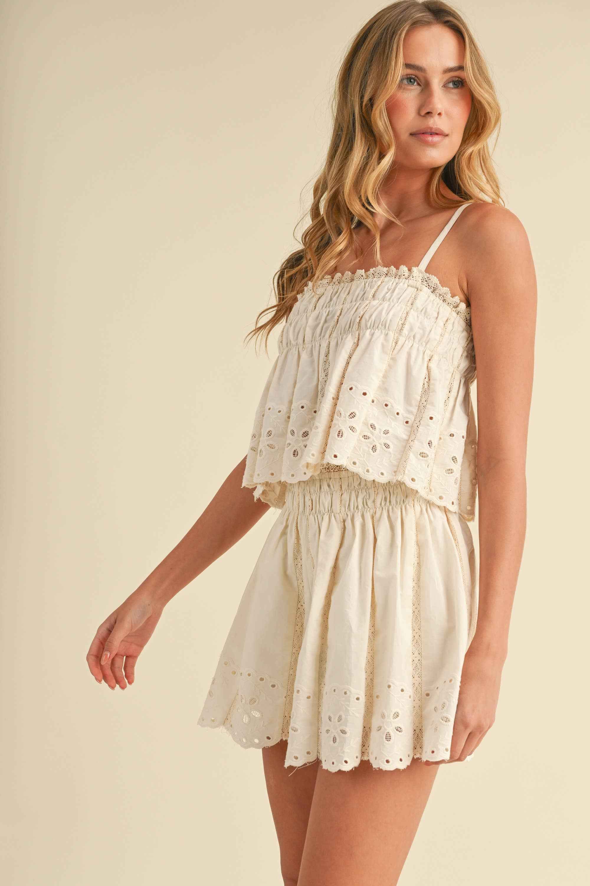 IST5809  EMBROIDERED CAMI AND SHORTS SET WITH LACE TRIM