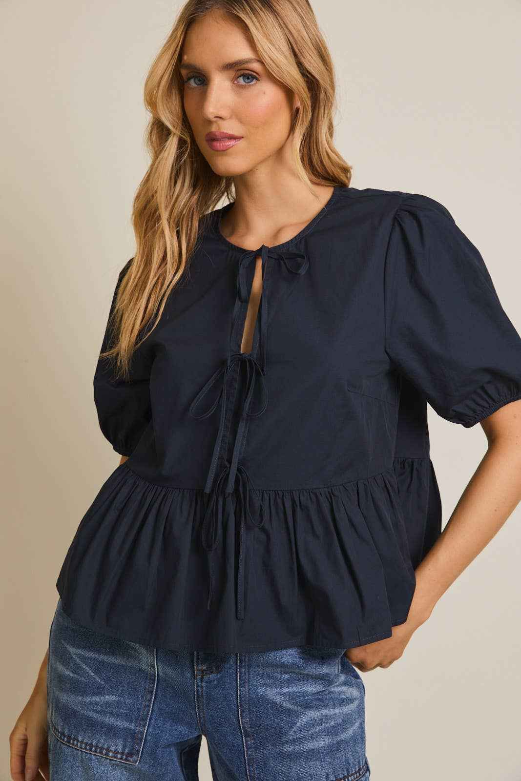 The Flirty Girl - Womans work top - Woman's casual top - Woman's Blue shirtsleeve top - The Envy Co, Painesville OH