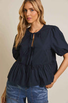 The Flirty Girl - Womans work top - Woman's casual top - Woman's Blue shirtsleeve top - The Envy Co, Painesville OH