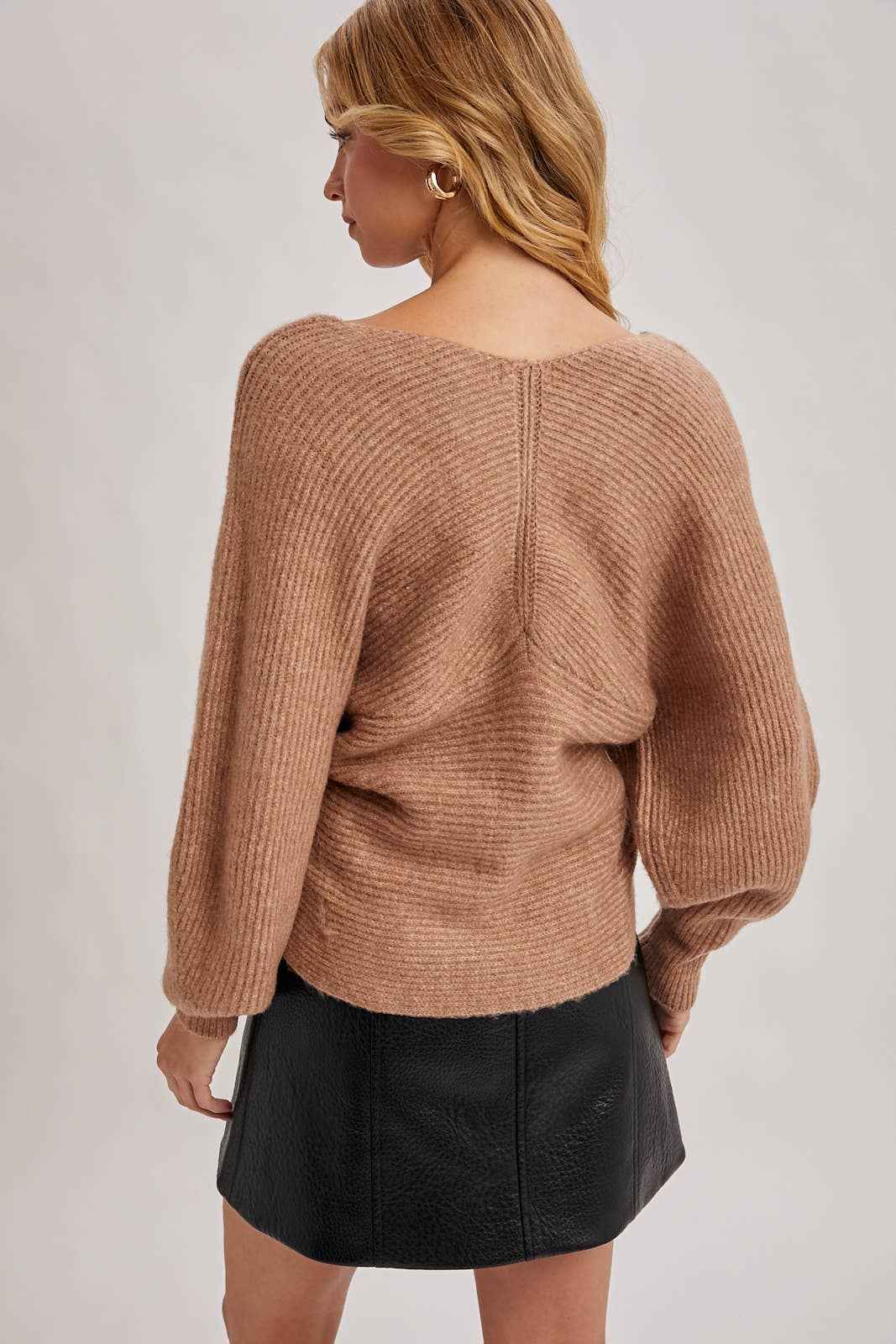 WRAP CROSSOVER RIBBED FUZZY KNIT SWEATER PULLOVER