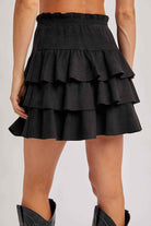 FAUX SUEDE TIERED RUFFLE PAPERBAG WAISTBAND MINI SKIRT: Black / L