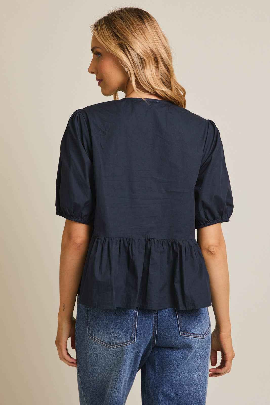 The Flirty Girl - Womans work top - Woman's casual top - Woman's Blue shirtsleeve top - The Envy Co, Painesville OH