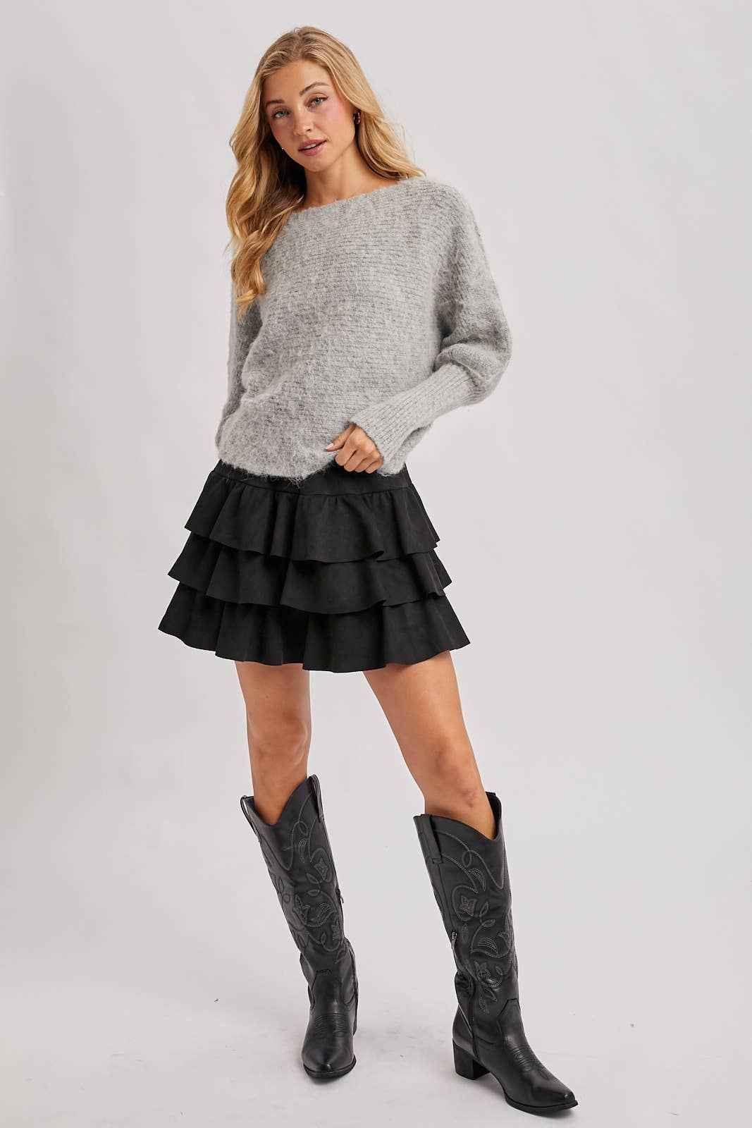 FAUX SUEDE TIERED RUFFLE PAPERBAG WAISTBAND MINI SKIRT: Black / L