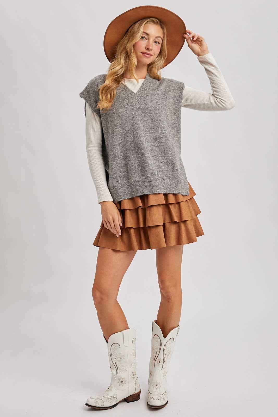 FAUX SUEDE TIERED RUFFLE PAPERBAG WAISTBAND MINI SKIRT