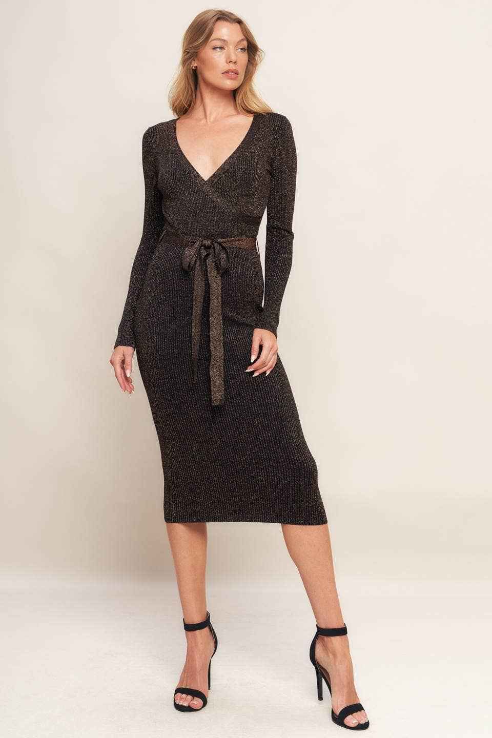 Metallic thread ribbed sweater knit midi dress - ISW5020 BR