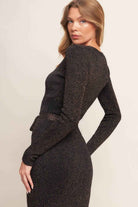 Metallic thread ribbed sweater knit midi dress - ISW5020 BR