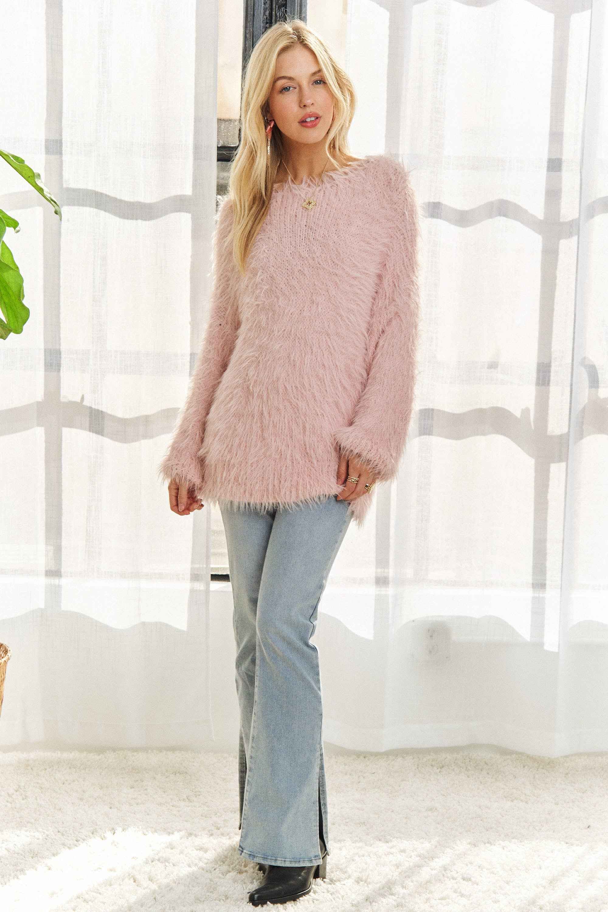 CESW3448A - BOAT NECK SOFT FUZZY SWEATER TOP