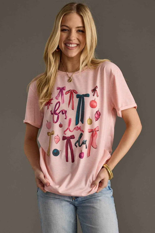 Fa La La & Bows Tee, holiday tee shirt, festive tee shirt, pink shirt, pink tee, Christmas shirt, Christmas tee, Christmas, festive