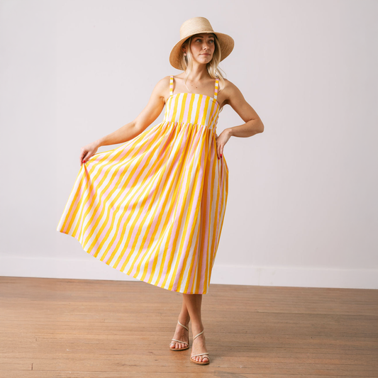 Sunkissed Stripe Reef Dress - The Envy Cosummer dress - summer midi dress - striped dress - womans dress - womans vacation dress - womans party dress - vacation outfit - vacation dress - yellow womans dress - bright colored womans dress - feminine womans outfit - lightweight womans dress - feminine outfit - womans dinner dress