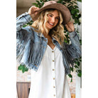 Rhinestone Fringe Cropped Denim Moto Jacket